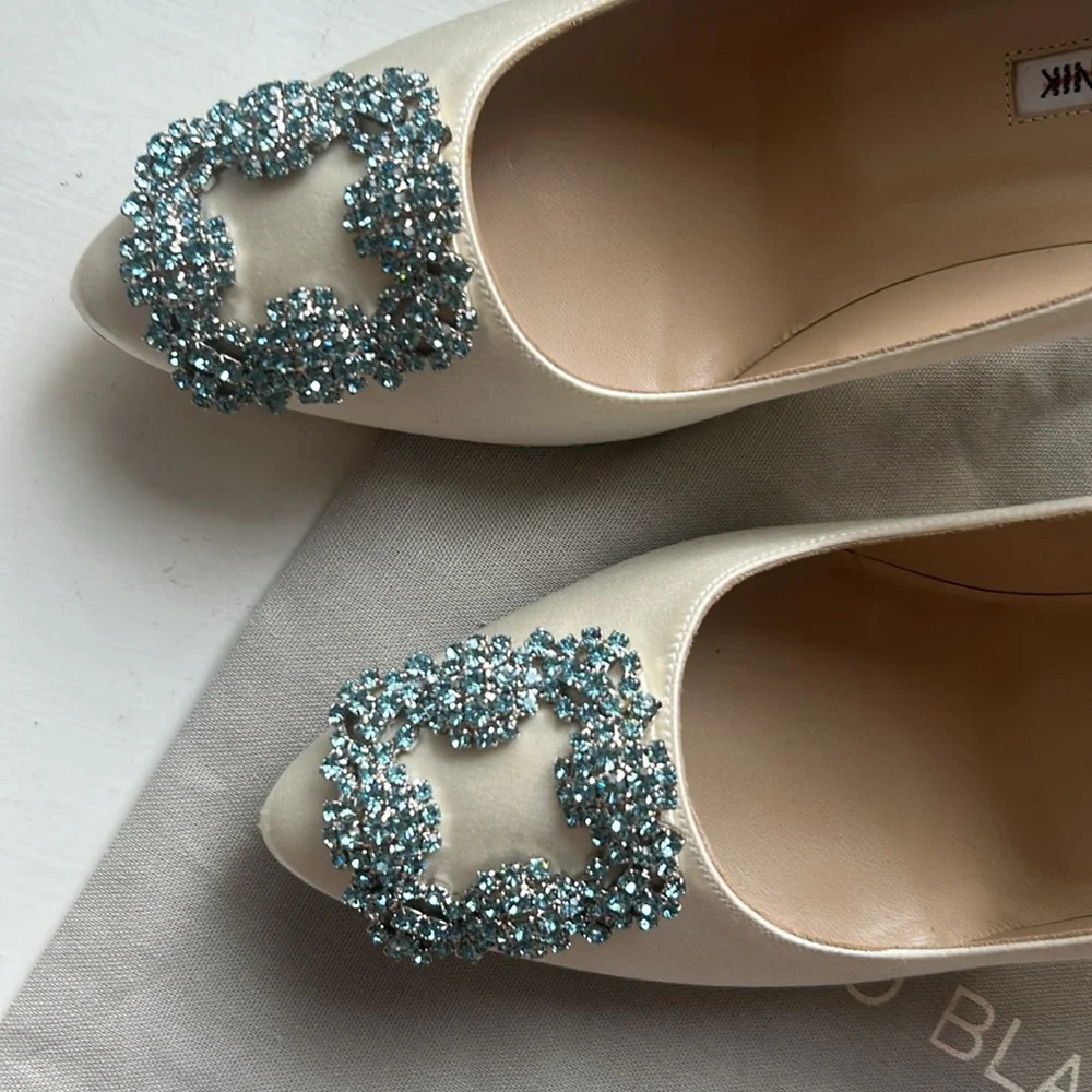 Manolo Blahnik White Satin Pump with Crystal Buckle